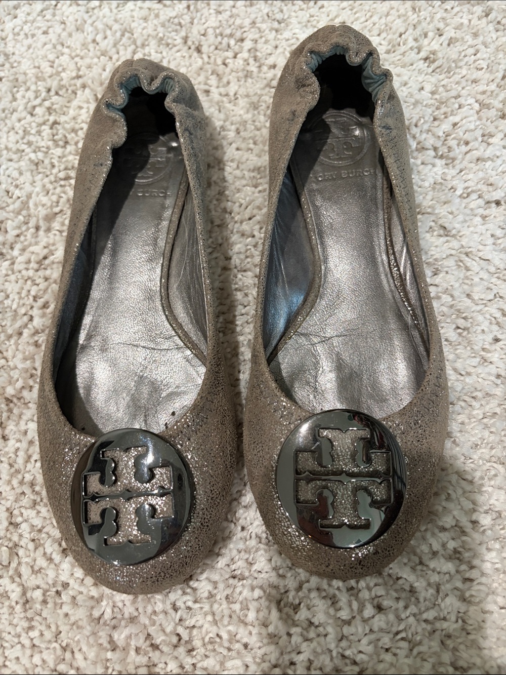 Tory Burch Glittery Taupe Logo Round-Toe Ballet Flats